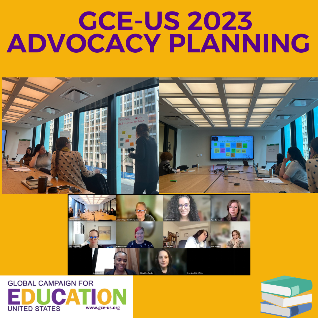 Images from the GCE-US 2023 Coalition and Advocacy Planning Session. GCE-US logo and a stack of books at the bottom of the visual.