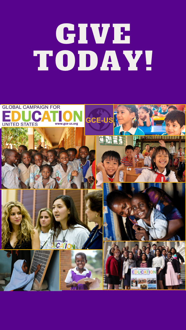 Please give to GCE-US today! Purple background with white block letters state 