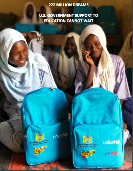 222 Million Dreams: U.S. Government Support to Education Cannot Wait. Students with blue backpacks in a learning center supported by Education Cannot Wait, USAID, and UNICEF.