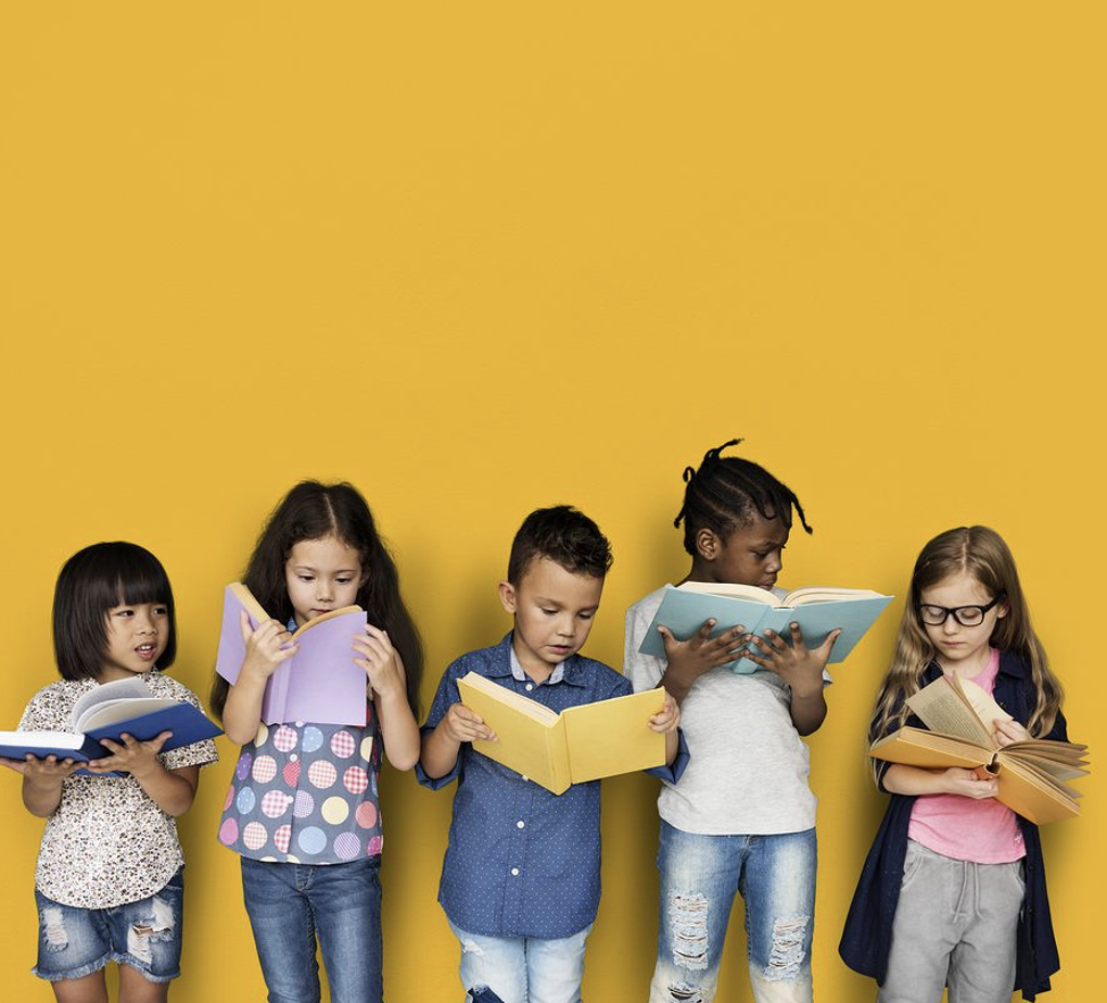 Yellow background with five children reading.