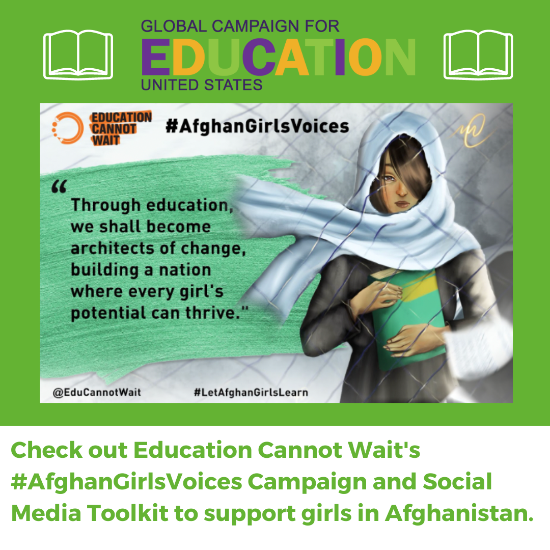 Graphic depicts young Afghan girl holding a book. Graphic provides more information about Education Cannot Wait's #AfghanGirlsVoices campaign to amplify the voices of young Afghan girls fighting for the right to education.